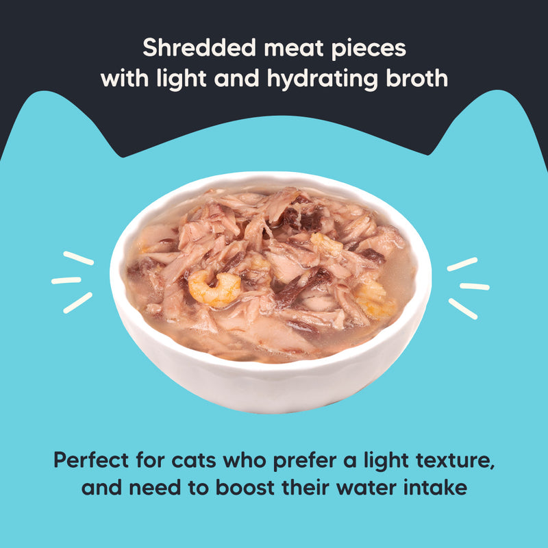 Meowsi by HUFT Tuna & Shrimp in Broth Cat Wet Food, 80 gm, complete meal with vitamins and minerals, grain-free.