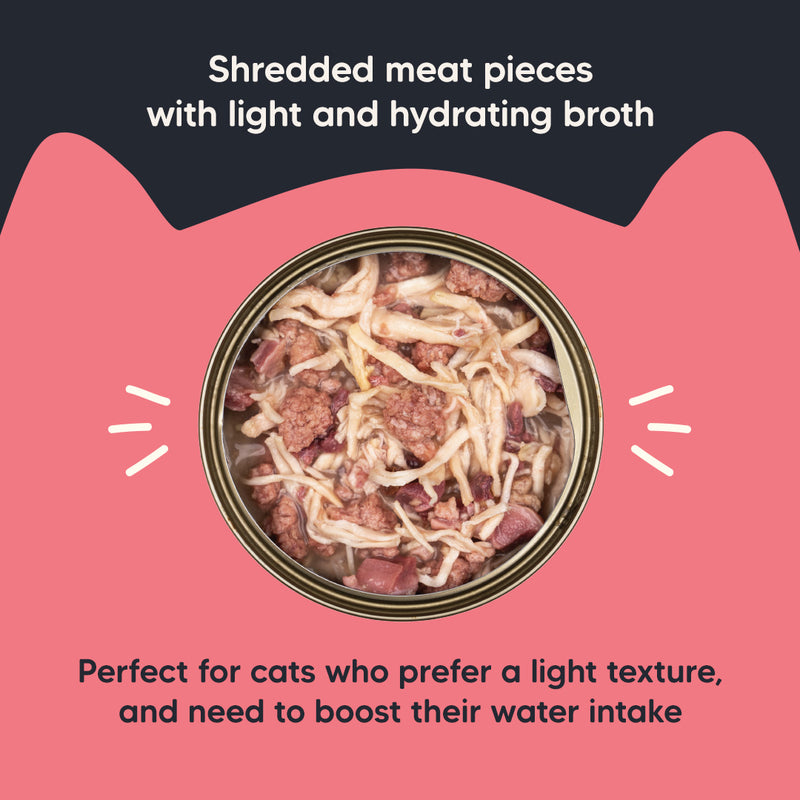 Meowsi by HUFT Chicken Breast with Duck in Broth, 80 gm can, features a pull-tab lid and a mix of shredded meat.