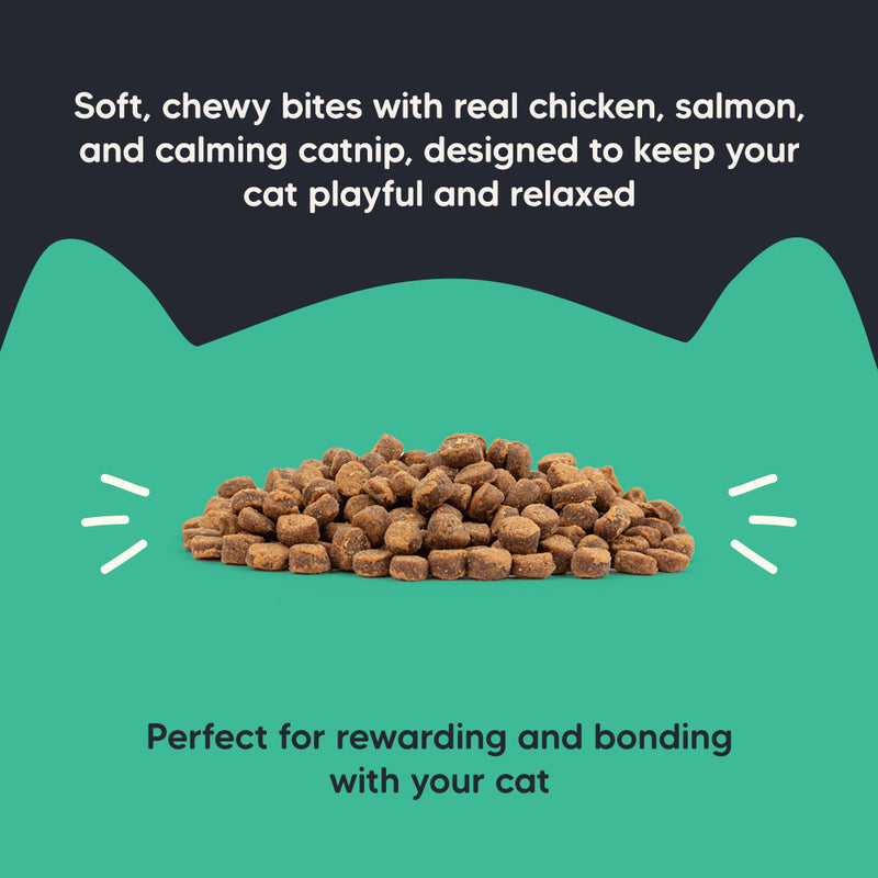 Meowsi by HUFT Catnip with Salmon & Chicken Soft Treats, 50 gm, features a green packaging with a cat graphic.