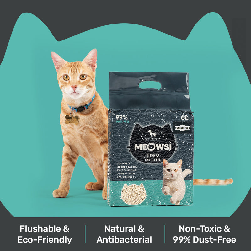 Meowsi by HUFT Tofu Cat Litter, Unscented, 6 Ltr, eco-friendly, fast clumping, 99% dust-free, antibacterial.