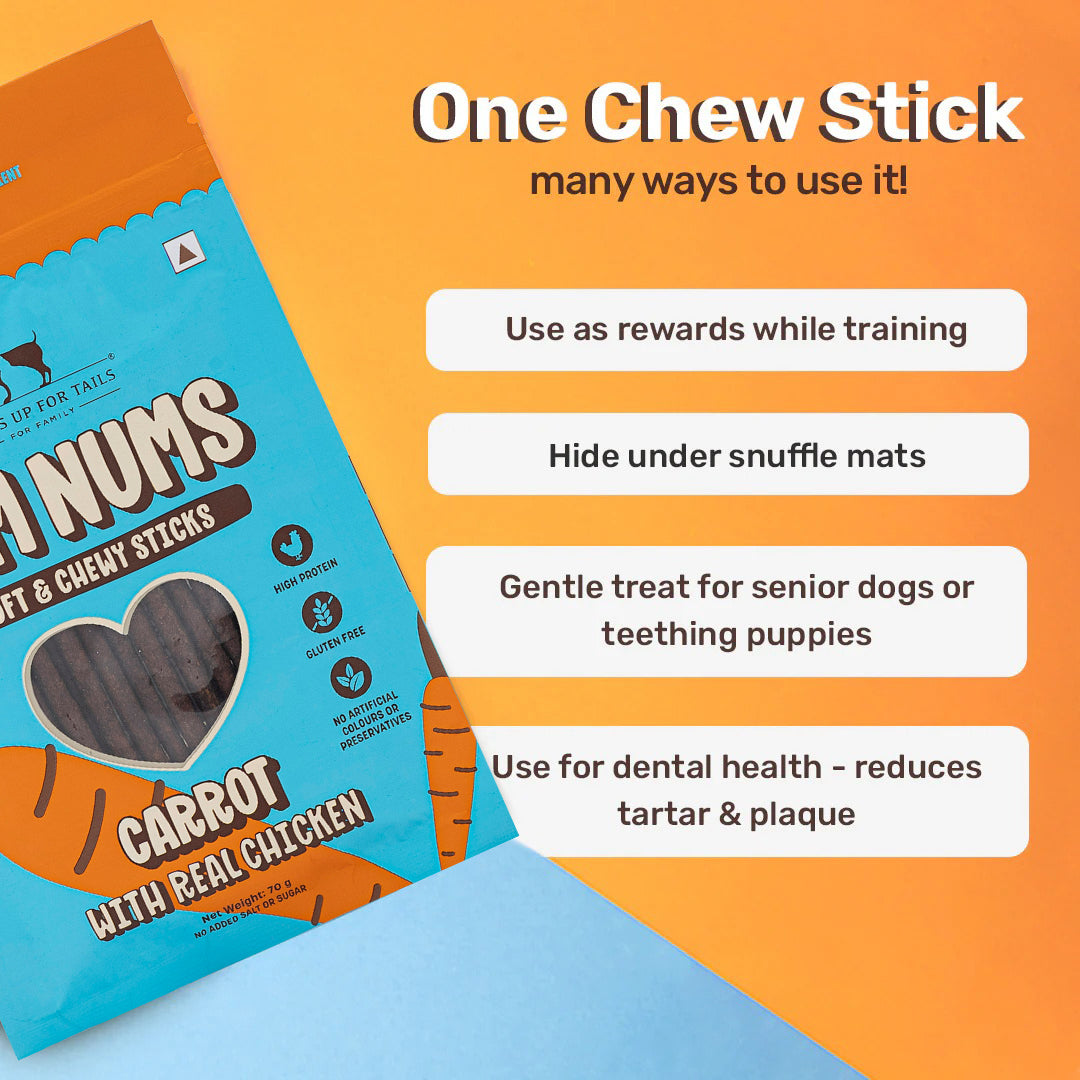HUFT Yum Nums Dog Treats Soft & Chewy Sticks Carrot With Real Chicken - 70 gm - Heads Up For Tails