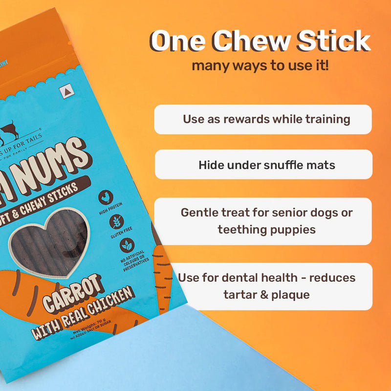HUFT Yum Nums Dog Treats Soft & Chewy Sticks Carrot With Real Chicken - 70 gm - Heads Up For Tails