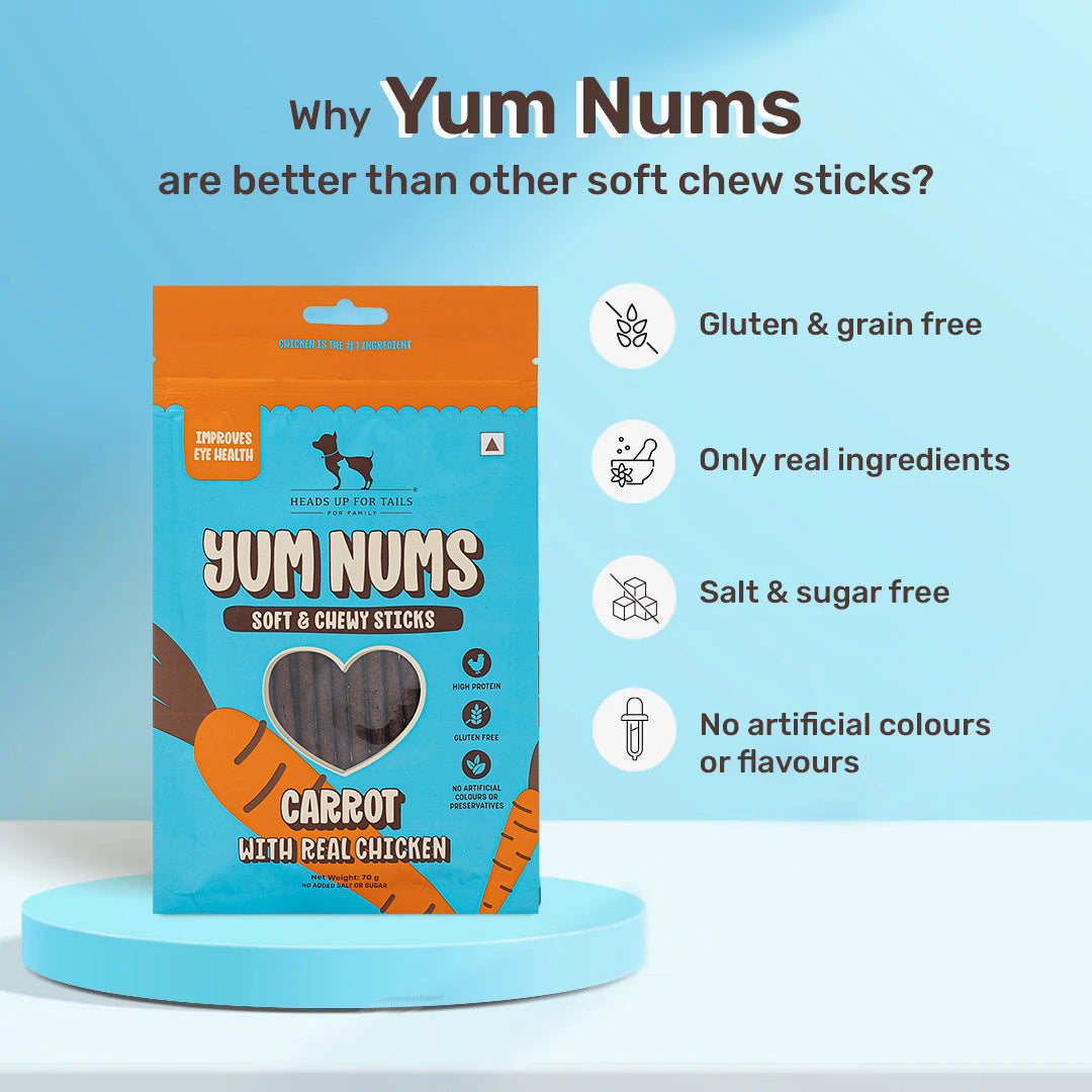 HUFT Yum Nums Dog Treats Soft & Chewy Sticks Carrot With Real Chicken - 70 gm - Heads Up For Tails
