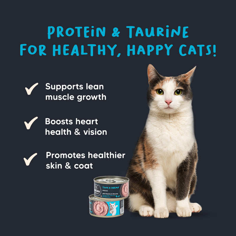 Meowsi by HUFT Tuna & Shrimp Mousse Canned Cat Wet Food, 80 gm, with vitamins and minerals, grain-free formula.
