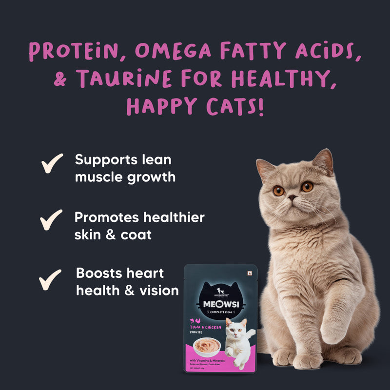 Meowsi by HUFT Tuna & Chicken in Mousse Cat Wet Food, 80 gm, features a cat graphic and a bowl of mousse on the packaging.