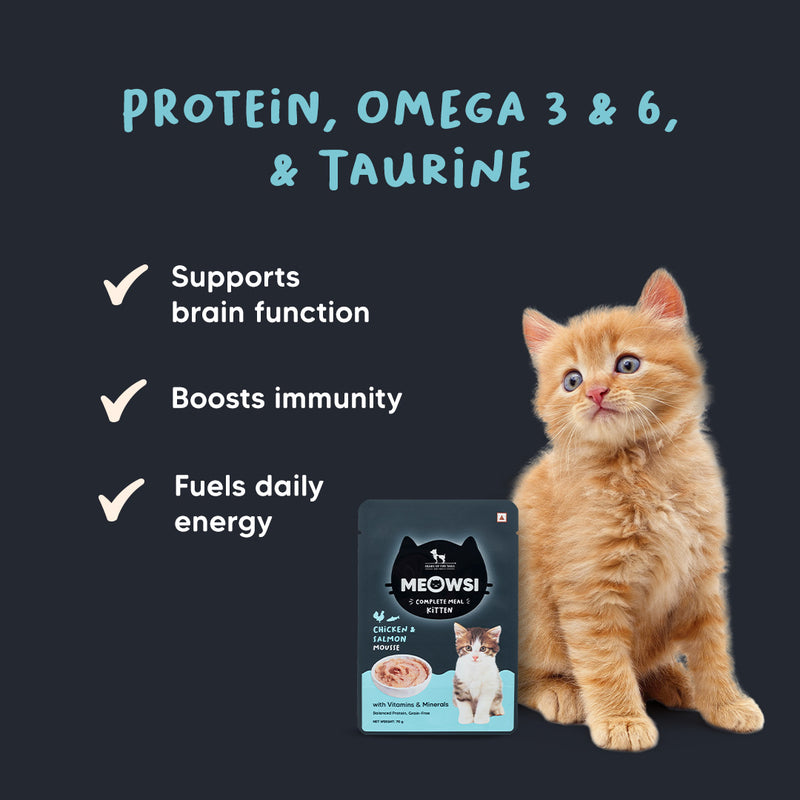 Meowsi by HUFT Chicken & Salmon Mousse Kitten Wet Food, 70 gm, complete meal with vitamins and minerals, grain-free.