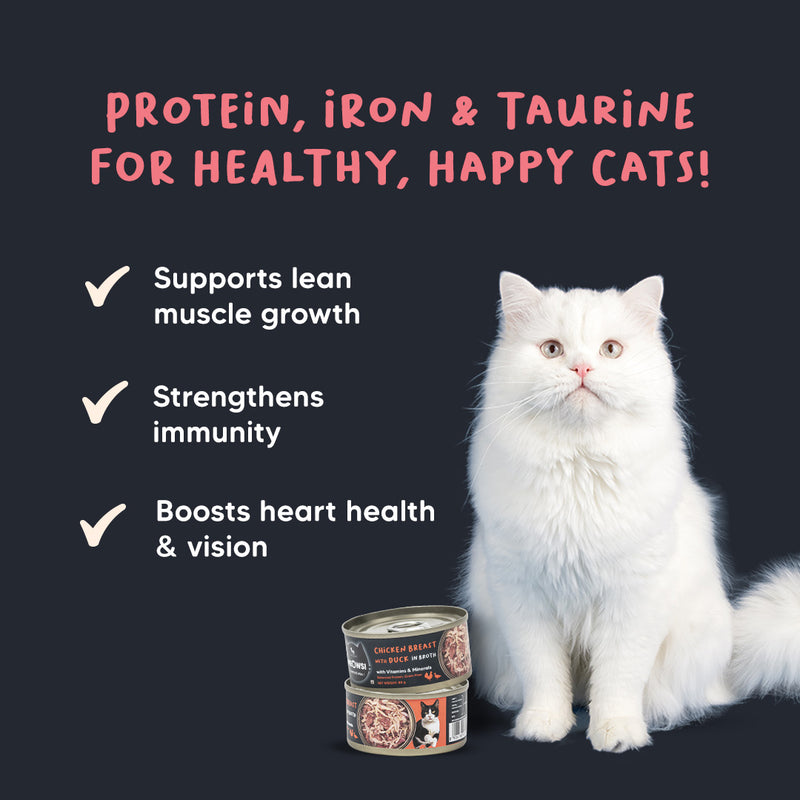 Meowsi by HUFT Chicken Breast with Duck in Broth, 80 gm can, features a pull-tab lid and a mix of shredded meat.