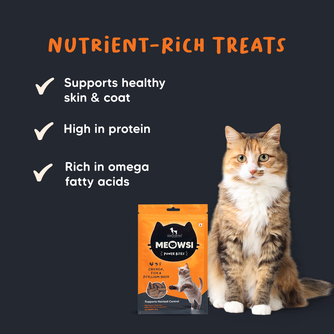 Meowsi by HUFT Chicken, Fish & Psyllium Husk Power Bites Cat Treats - 50 gm - Heads Up For Tails