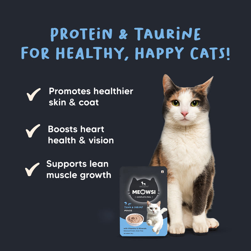 Meowsi Tuna & Shrimp Mousse Cat Wet Food, 80 gm, grain-free, with vitamins and minerals for balanced nutrition.
