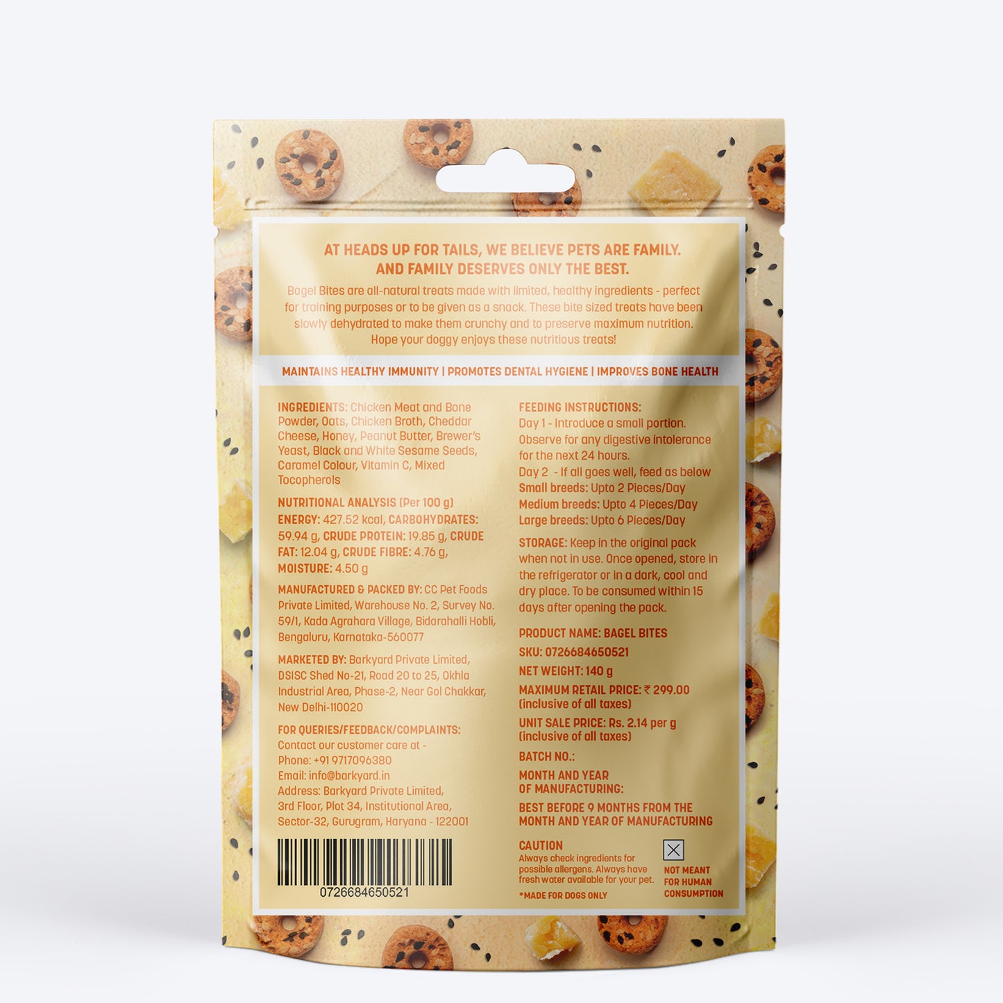 HUFT Bagel Bites Made With Real Chicken & Cheese Treat For Dog - 140 gm - Heads Up For Tails