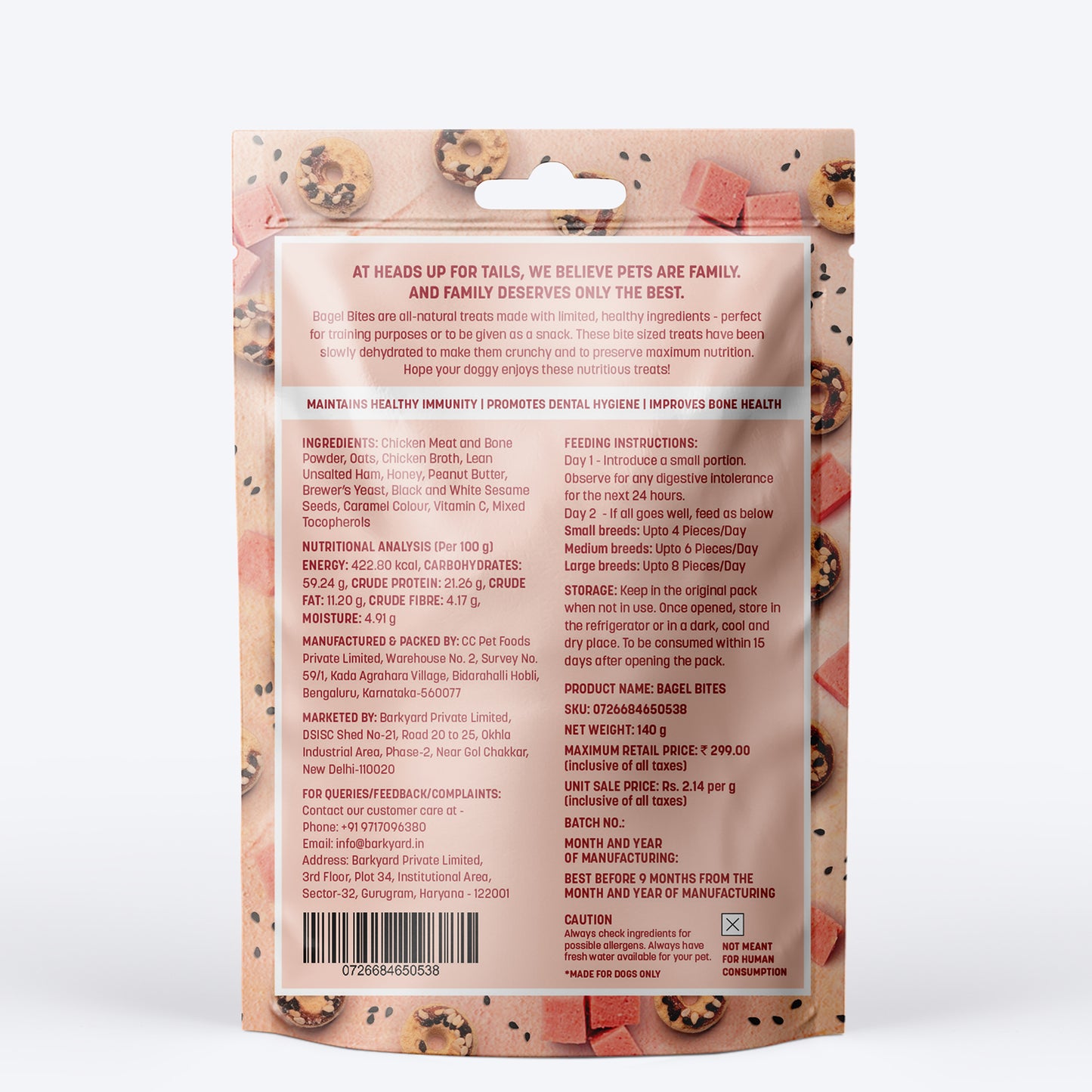 HUFT Bagel Bites Made With Real Chicken & Ham Treat For Dog - 140 gm - Heads Up For Tails