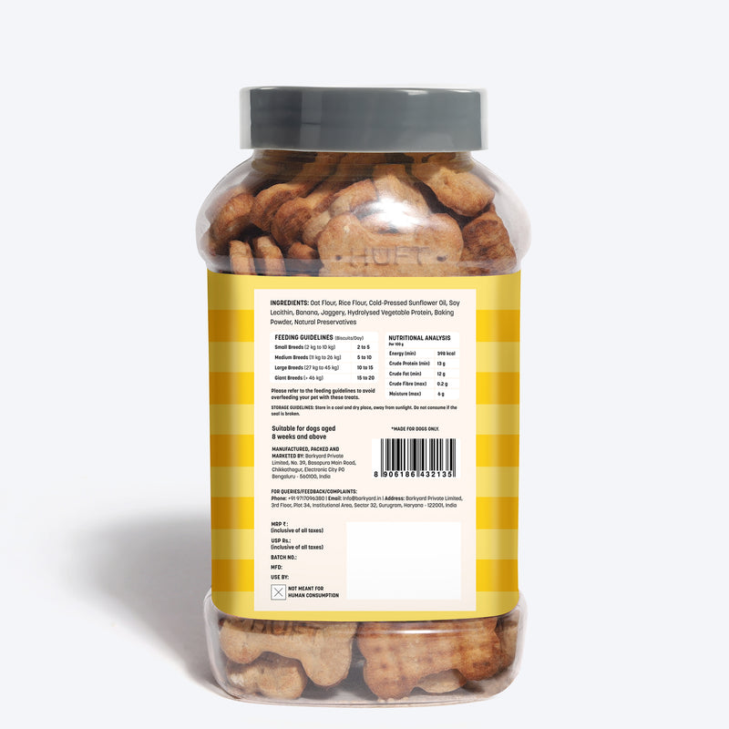 HUFT YIMT Banana & Oats Gluten-Free Dog Biscuits, 500g jar, with ingredients like oat flour and banana. Suitable for dogs 8 w