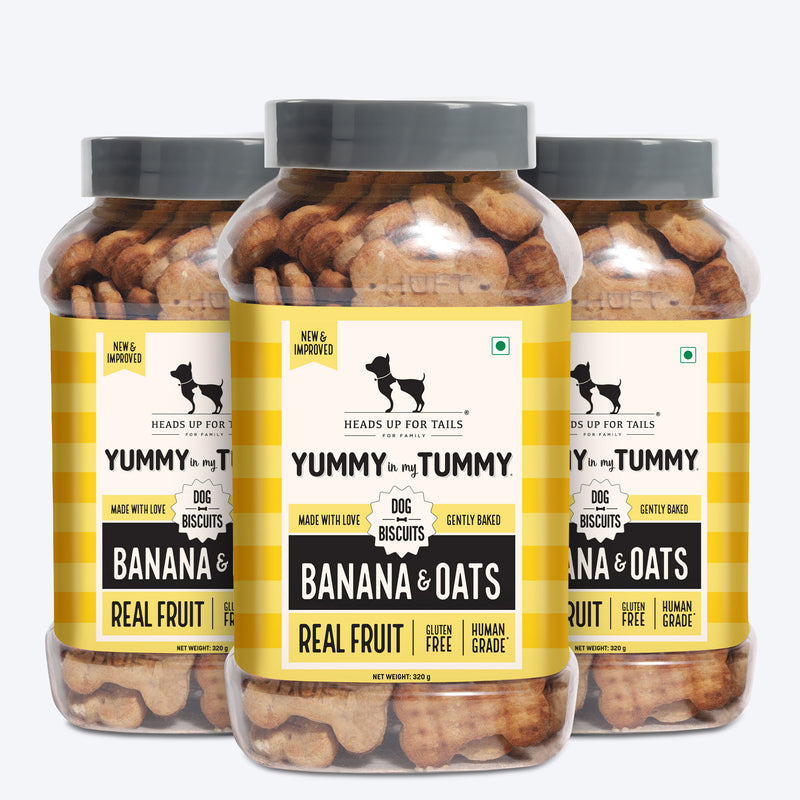 Heads Up for Tails Yummy in my Tummy Banana & Oats dog biscuits, gluten-free, 320g, in a multi-pack jar