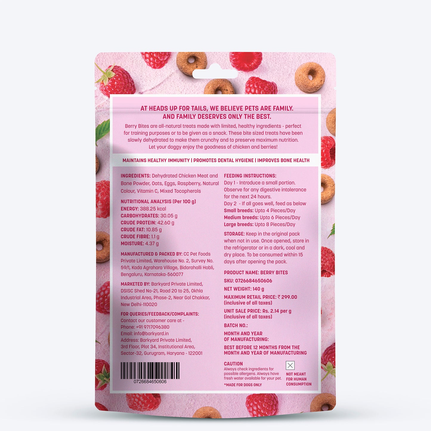HUFT Berry Bites Made With Real Chicken & Raspberries Treat For Dogs - 140 g - Heads Up For Tails