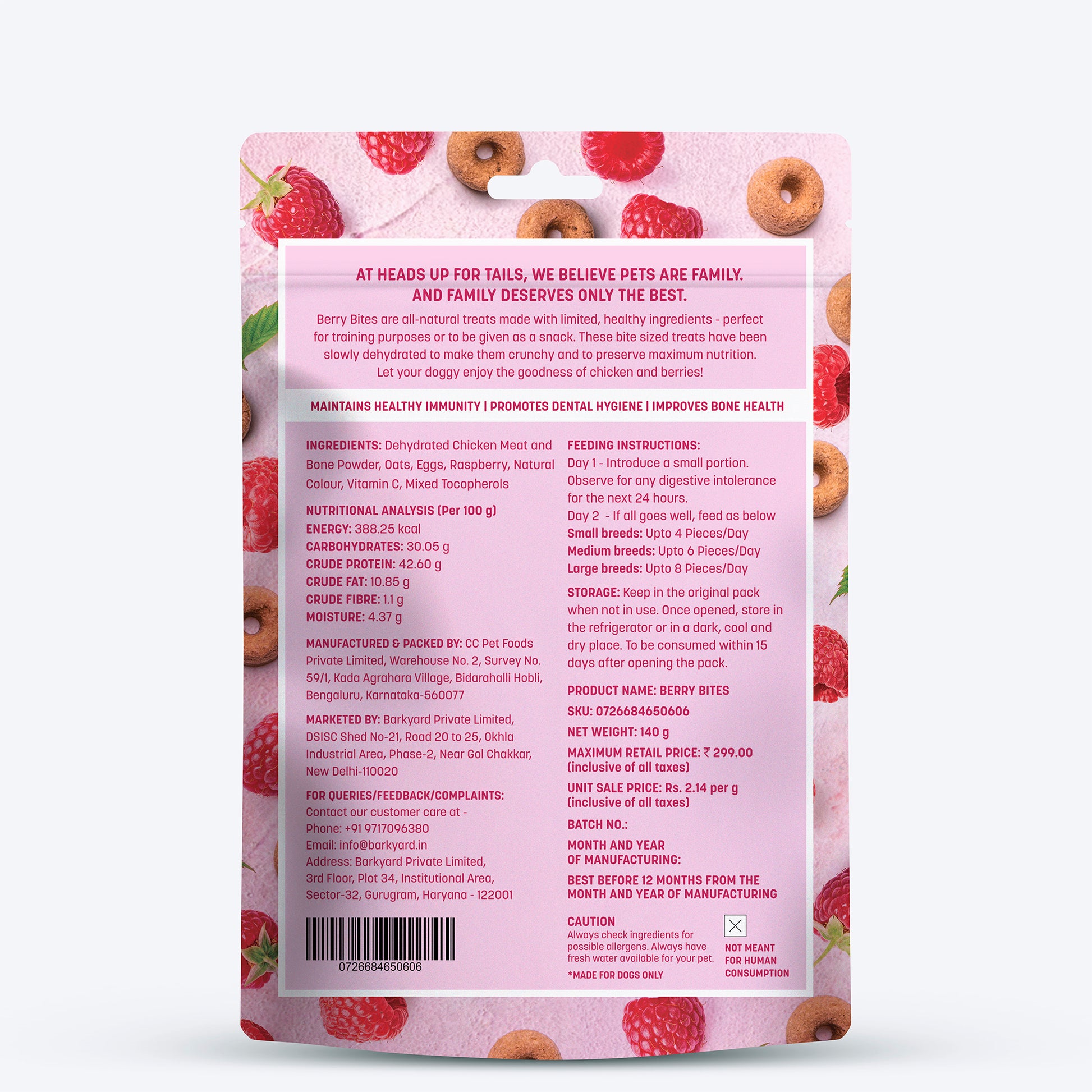 HUFT Berry Bites Made With Real Chicken & Raspberries Treat For Dogs - 140 g - Heads Up For Tails