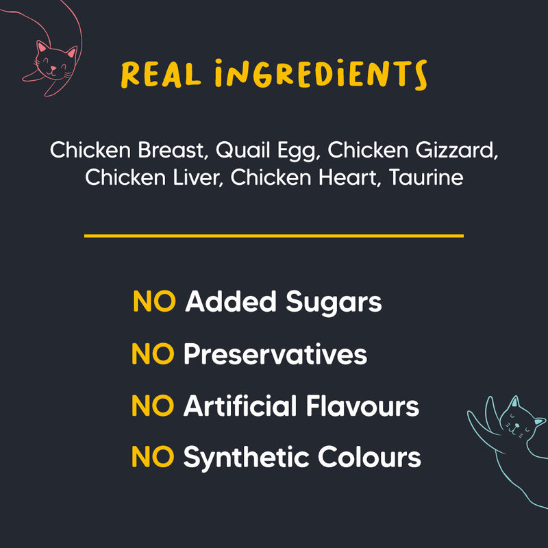 Meowsi by HUFT Chicken Breast with Quail Egg in Broth, 80 gm, grain-free cat wet food with vitamins and minerals.