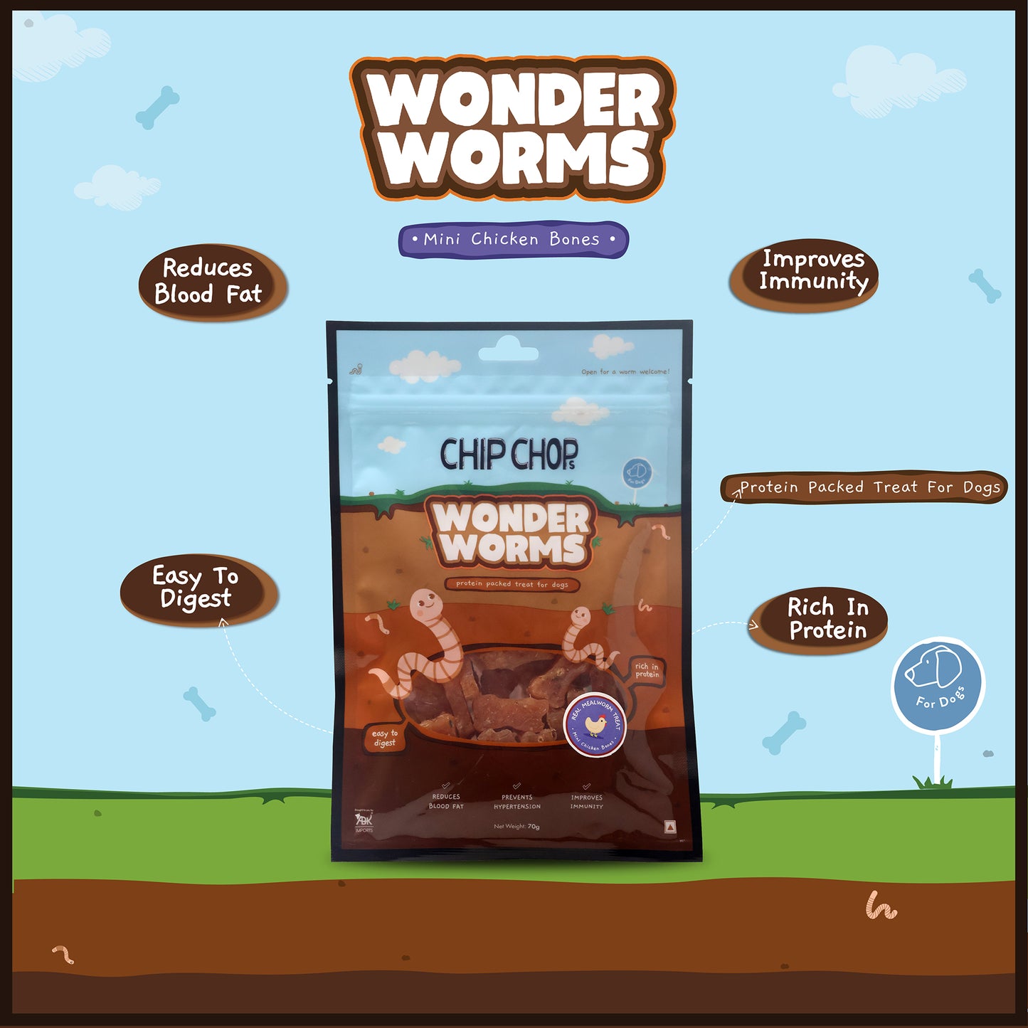 Chip Chops Wonder Worms Mini Chicken Bones With Real Mealworms Dog Treats - 70g - Heads Up For Tails
