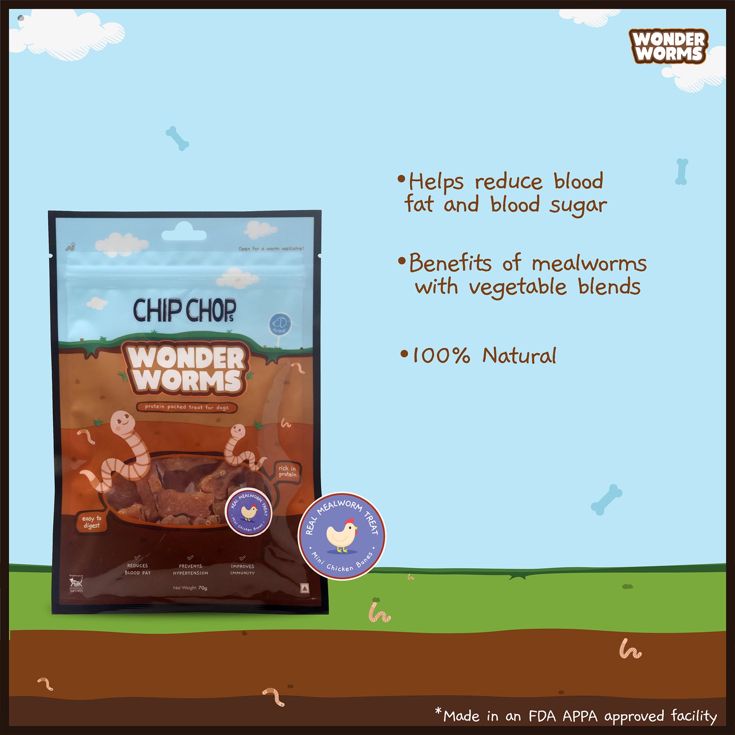 Chip Chops Wonder Worms Mini Chicken Bones With Real Mealworms Dog Treats - 70g - Heads Up For Tails