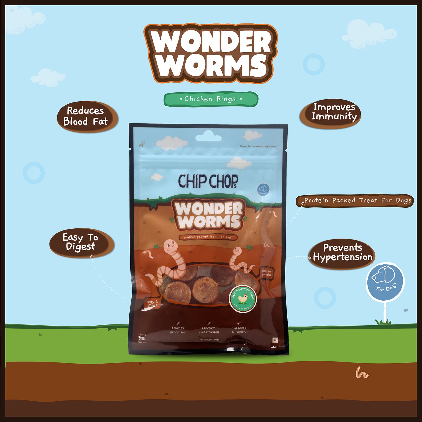 Chip Chops Wonder Worms Chicken Rings With Real Mealworm Dog Treats - 70g - Heads Up For Tails