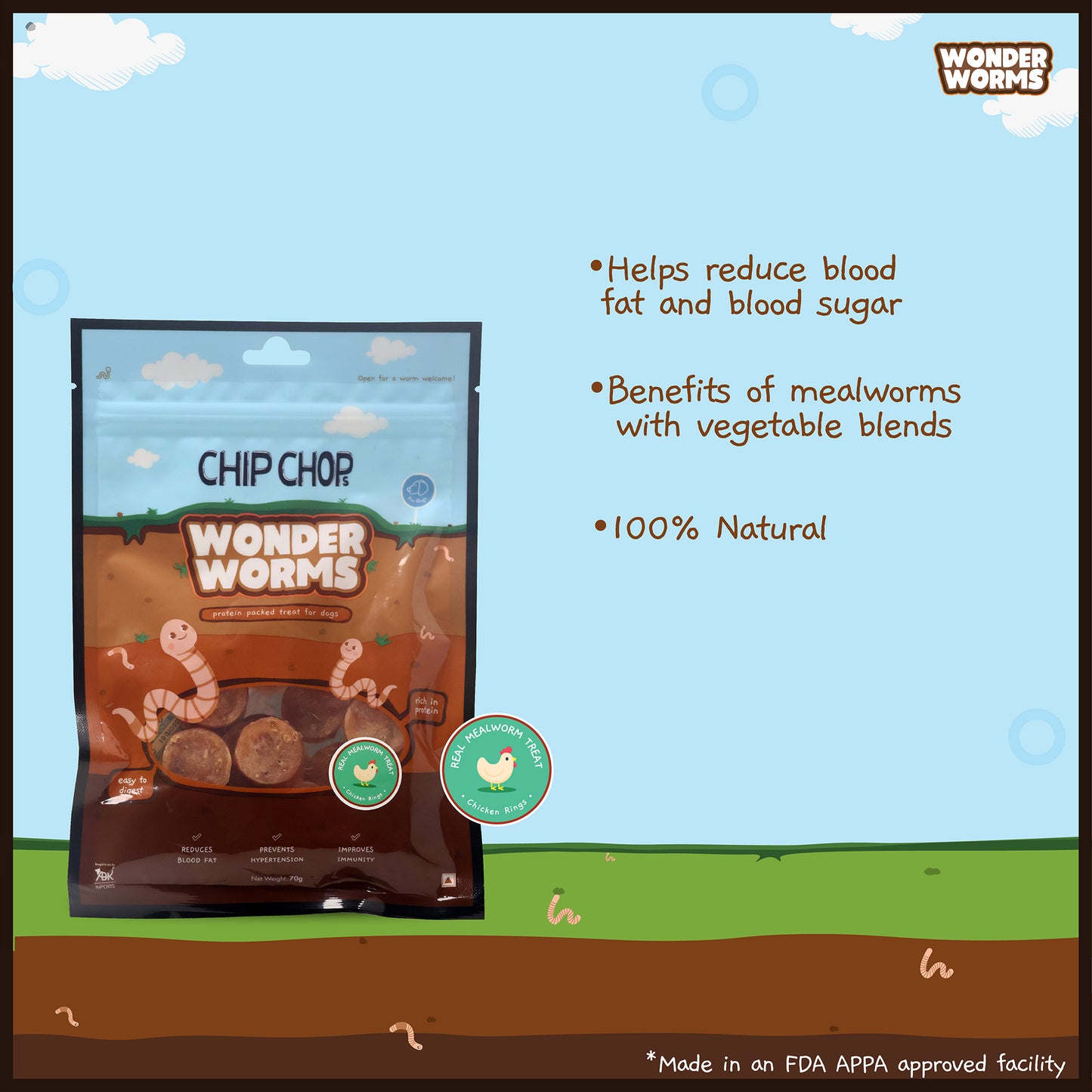 Chip Chops Wonder Worms Chicken Rings With Real Mealworm Dog Treats - 70g - Heads Up For Tails