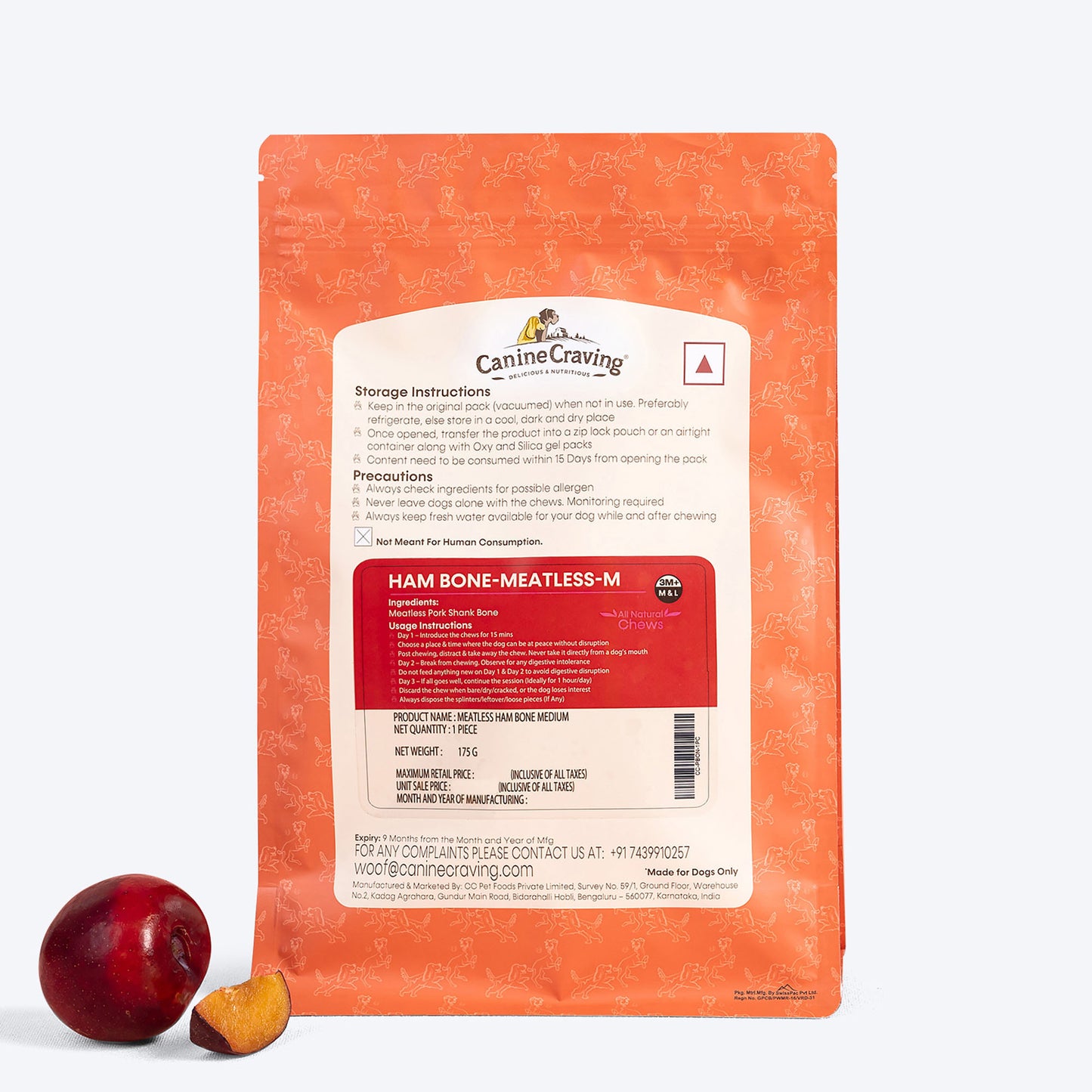 Canine Craving Dehydrated Ham Bone Chew - Meatless Ham Dog Treat - 1 Pc - 175 g - Heads Up For Tails