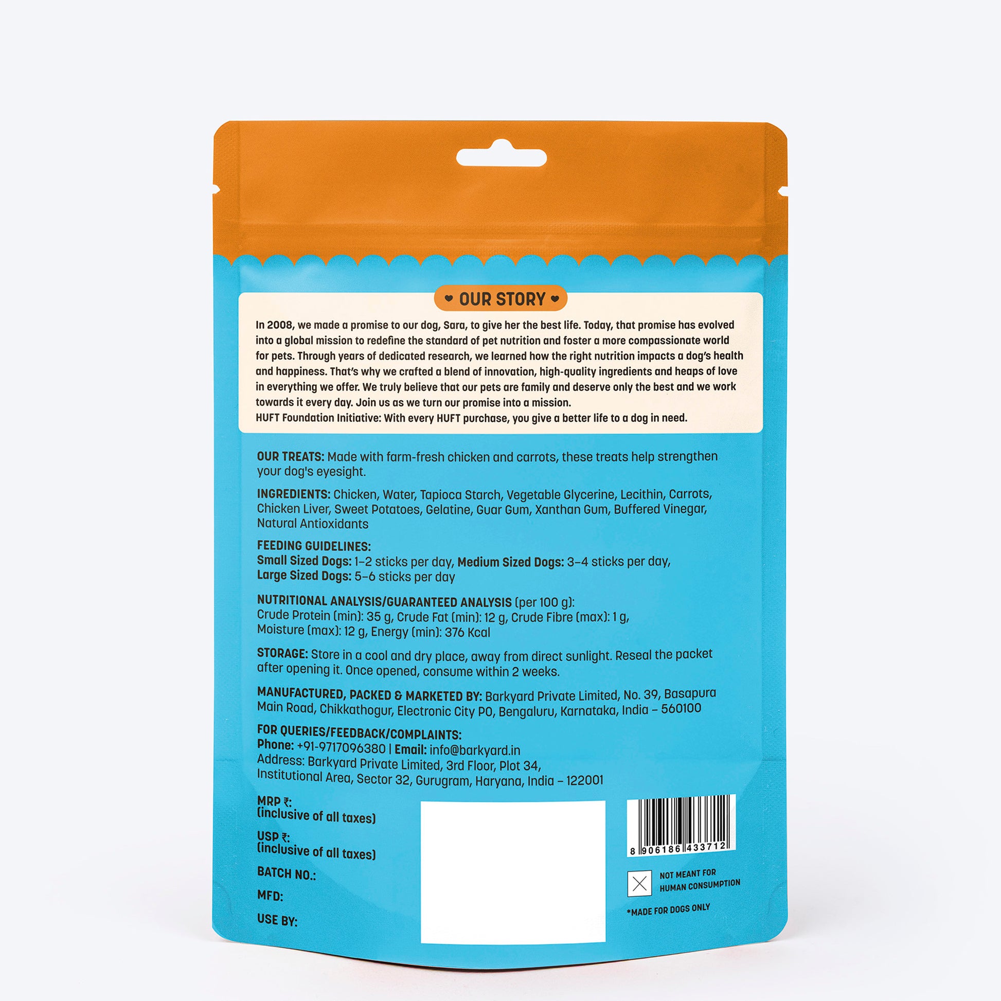 HUFT Yum Nums Dog Treats Soft & Chewy Sticks Carrot With Real Chicken - Heads Up For Tails