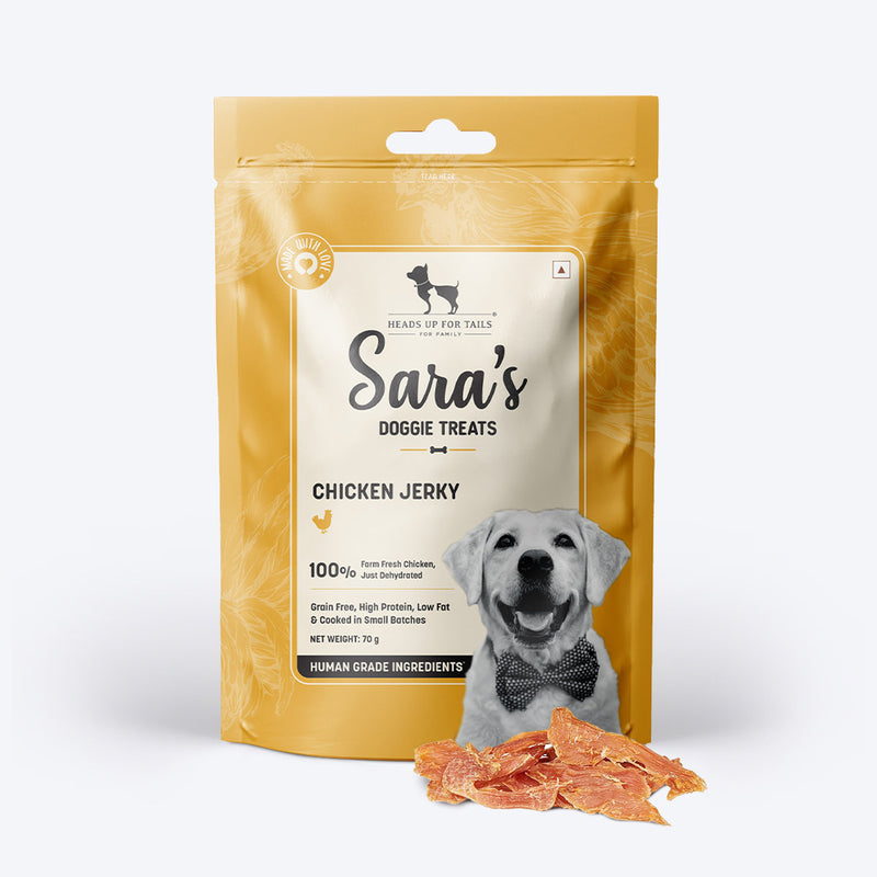Sara's Doggie Treats Chicken Jerky, 70 g, made from 100% fresh chicken, grain-free, high protein, low fat.