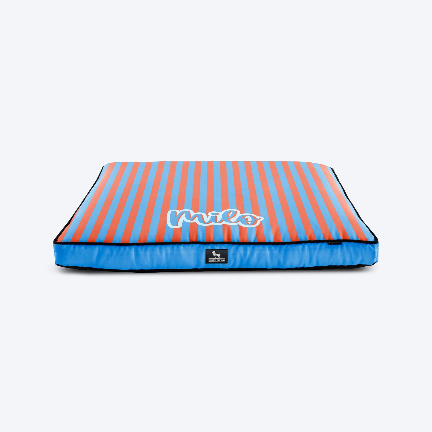 HUFT Personalised Happy Stripes Flat Bed For Dog - Blue & Orange - Heads Up For Tails