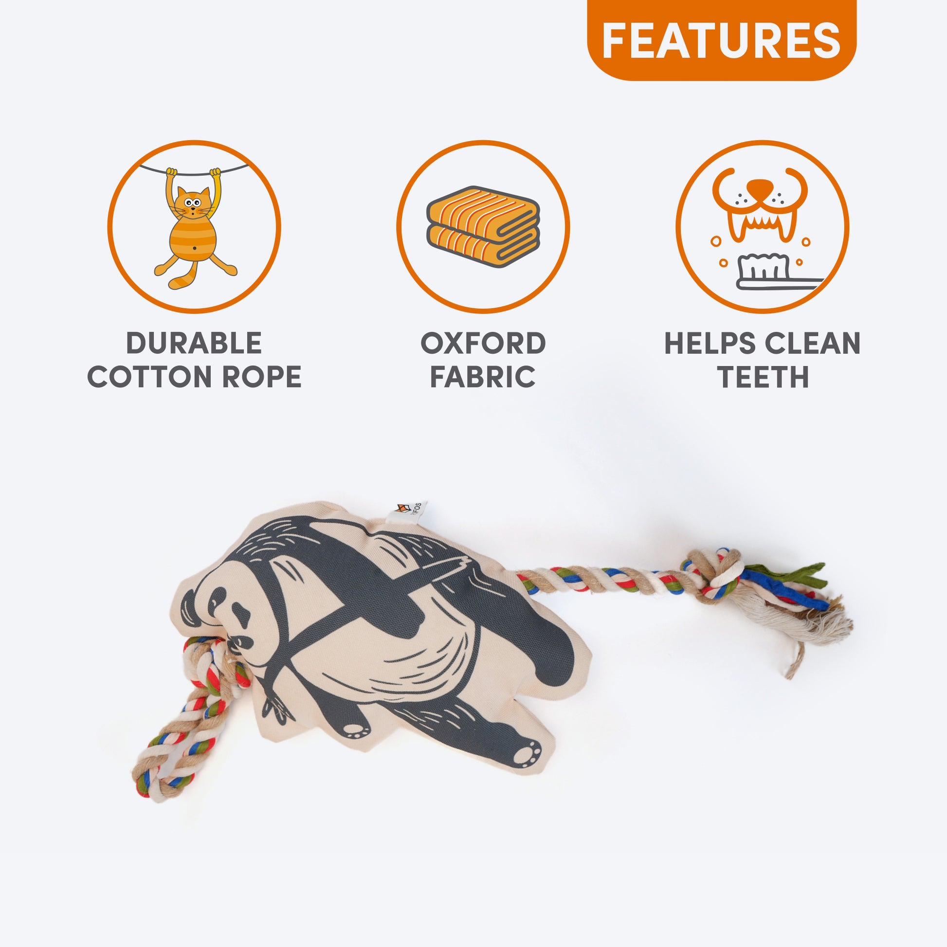 FOFOS Panda Squeaky With Flossy Rope Dog Toy - Black - Heads Up For Tails