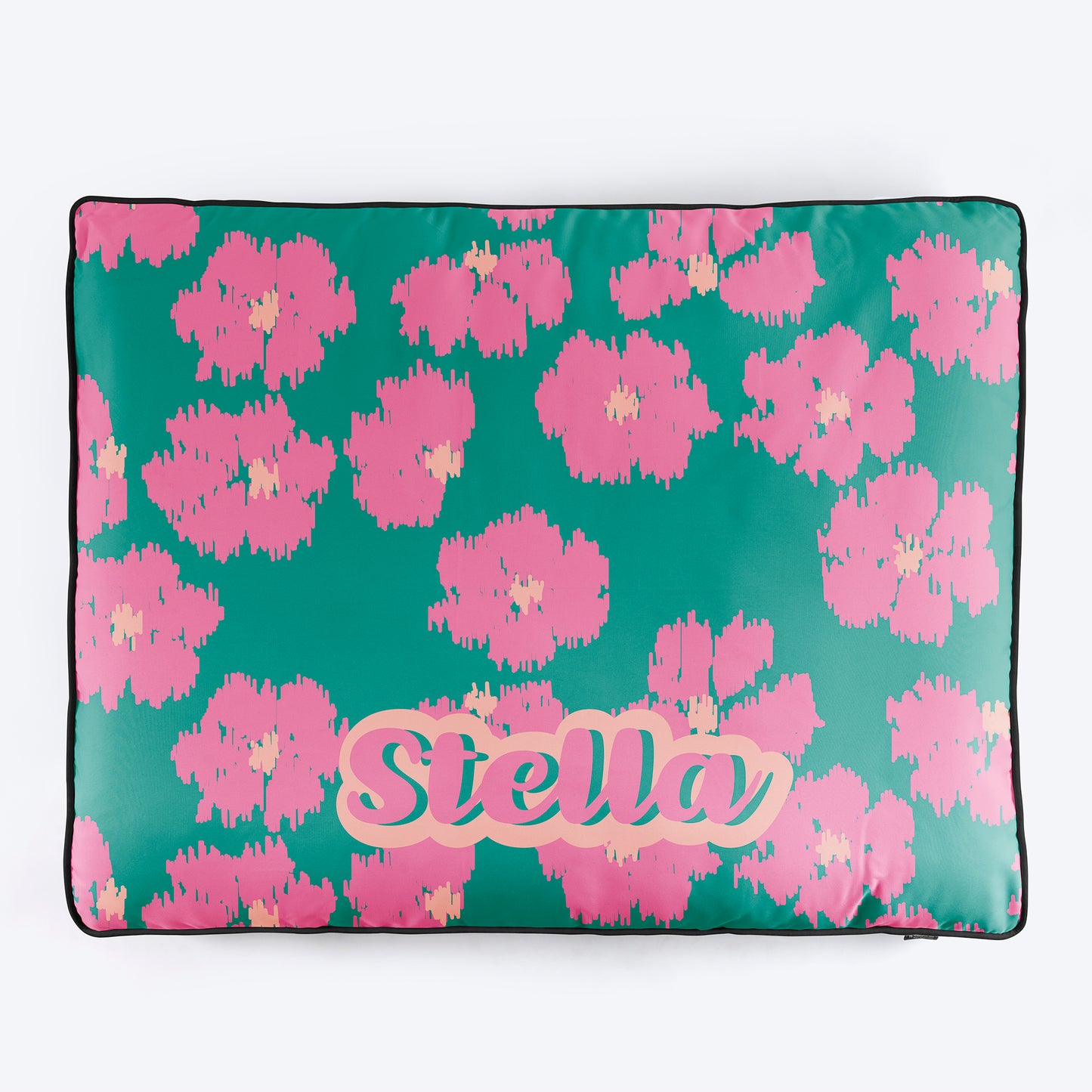 HUFT Personalised Pawsome Blossom Flat Bed For Dog - Green & Pink - Heads Up For Tails