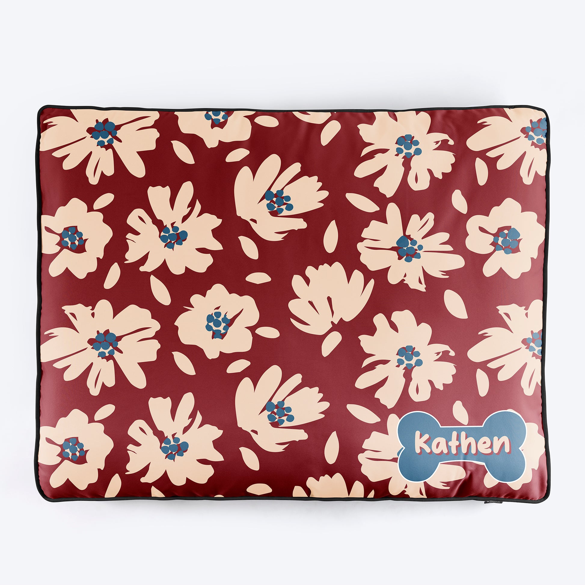 HUFT Personalised Scarlet Blossom Flat Bed For Dog - Dark Red - Heads Up For Tails