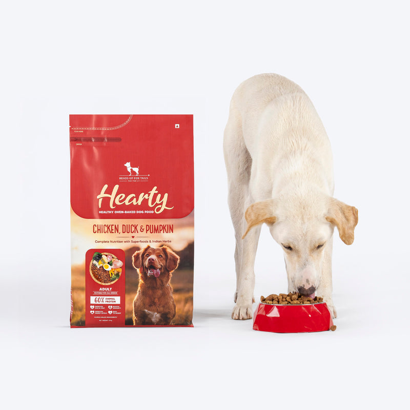 Hearty Oven-Baked Dog Food by Heads Up for Tails, Chicken, Duck and Pumpkin, 250g, suitable for all breeds.