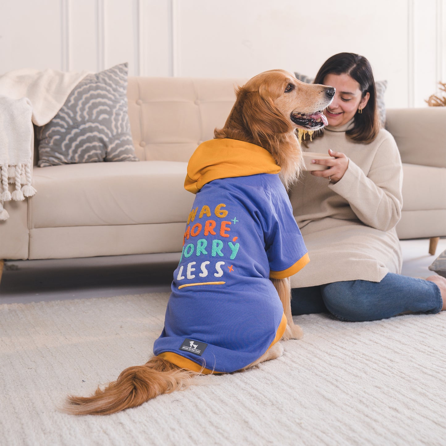 HUFT Wag More Worry Less Colour Block Hoodie Pet Sweatshirt - Blue - Heads Up For Tails