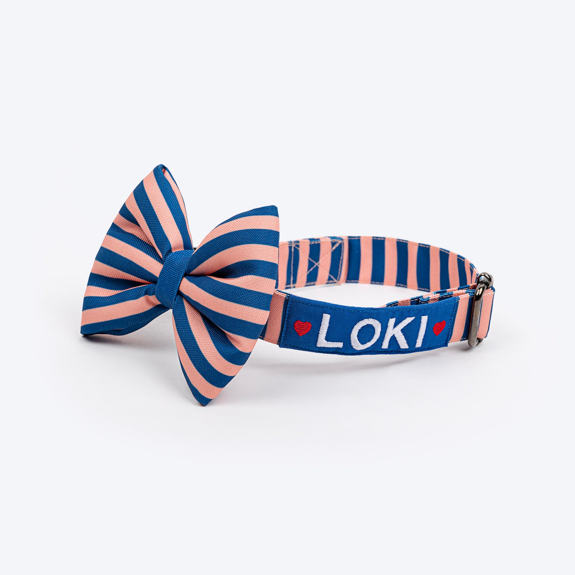 HUFT Personalised Happy Stripes Collar With Bow Tie For Dog - Navy & Peach - Heads Up For Tails