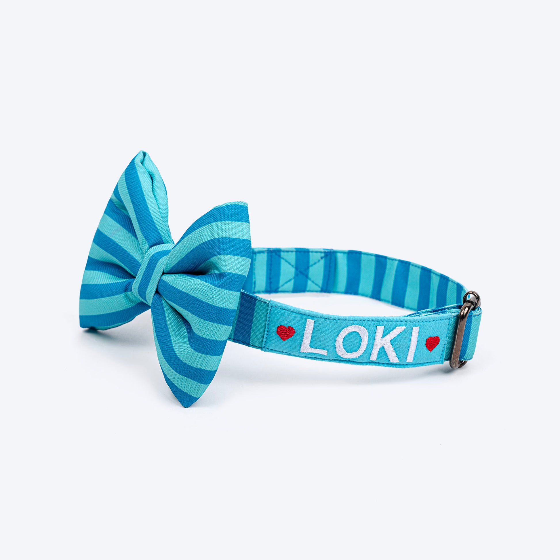 HUFT Personalised Happy Stripes Collar With Bow Tie For Dog - Blue & Turquoise - Heads Up For Tails