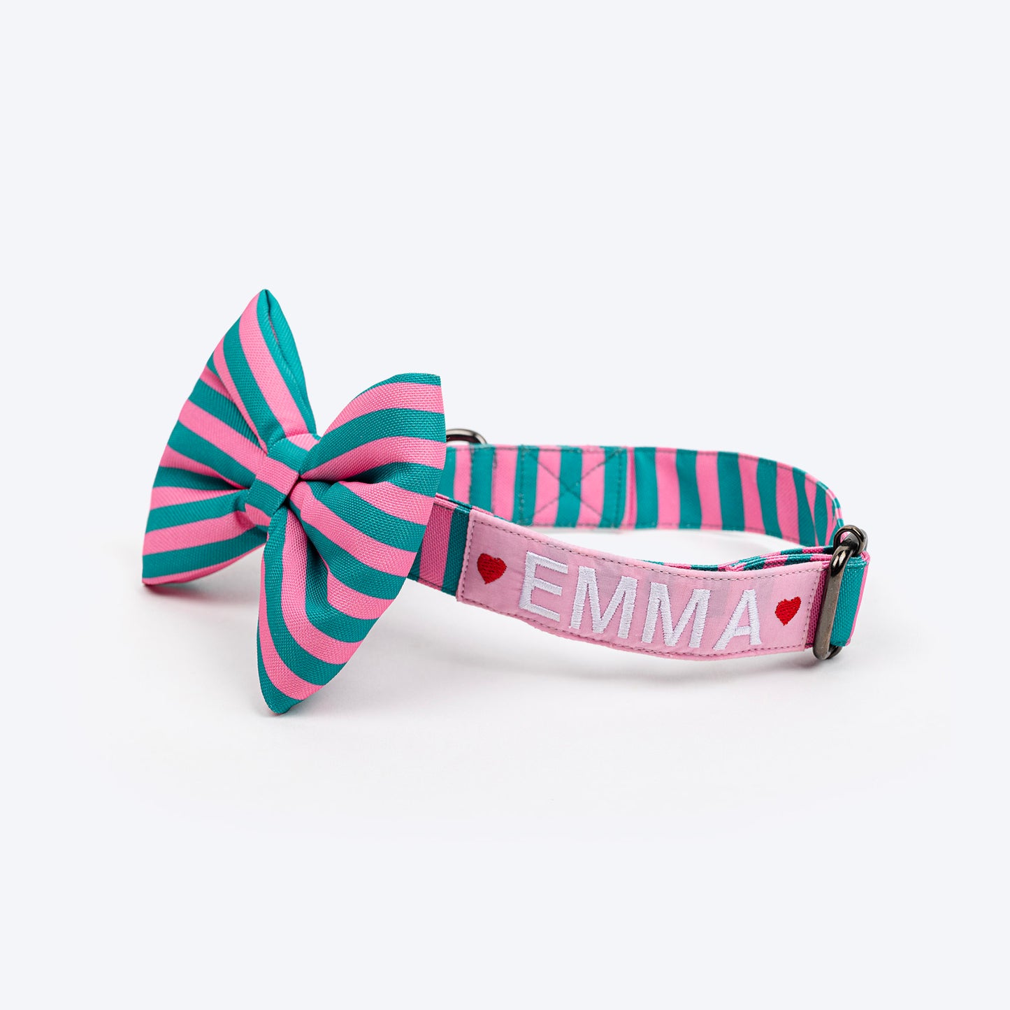 HUFT Personalised Happy Stripes Collar With Bow Tie For Dog - Green & Pink - Heads Up For Tails
