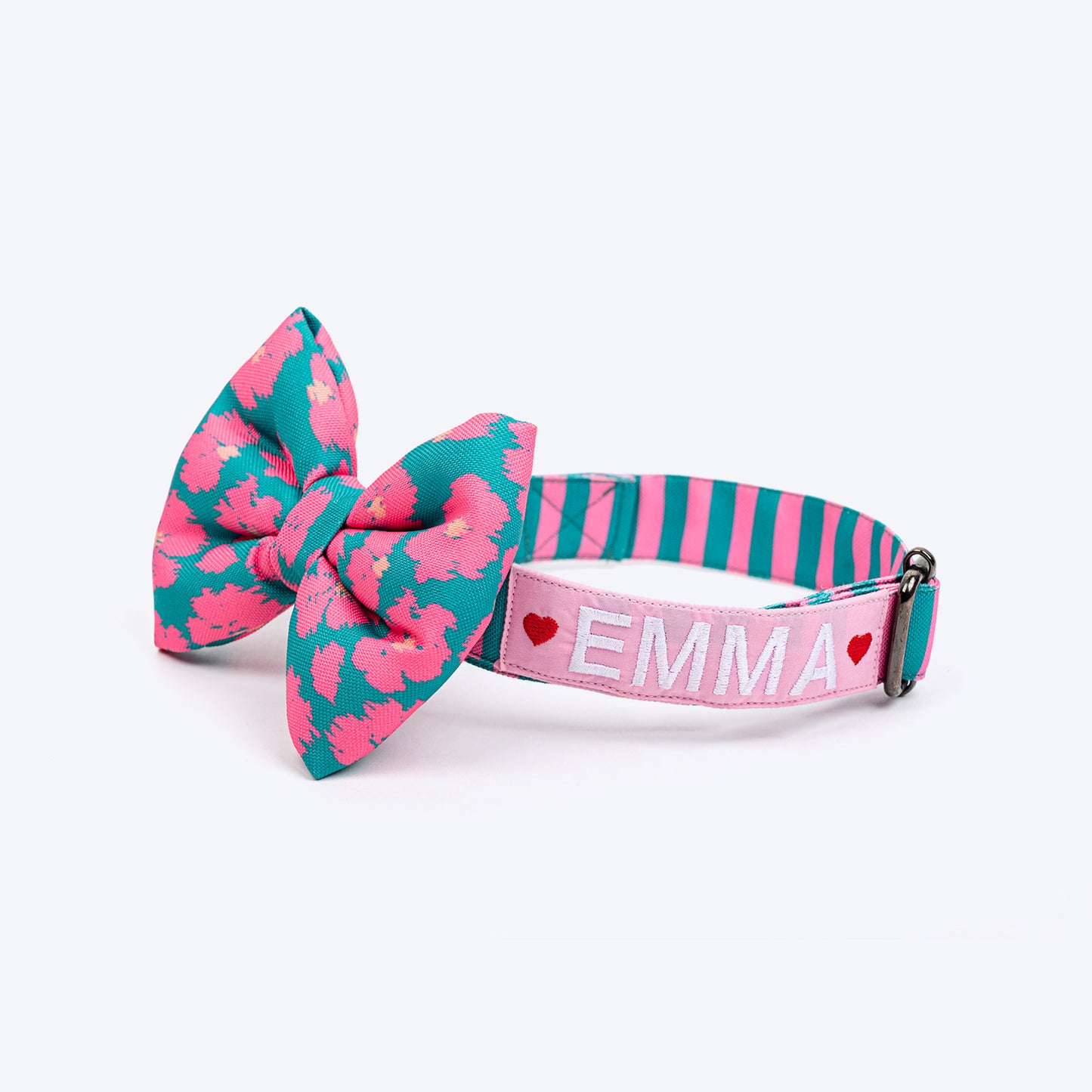 HUFT Personalised Pawsome Blossom Collar With Bow Tie For Dogs - Green & Pink - Heads Up For Tails