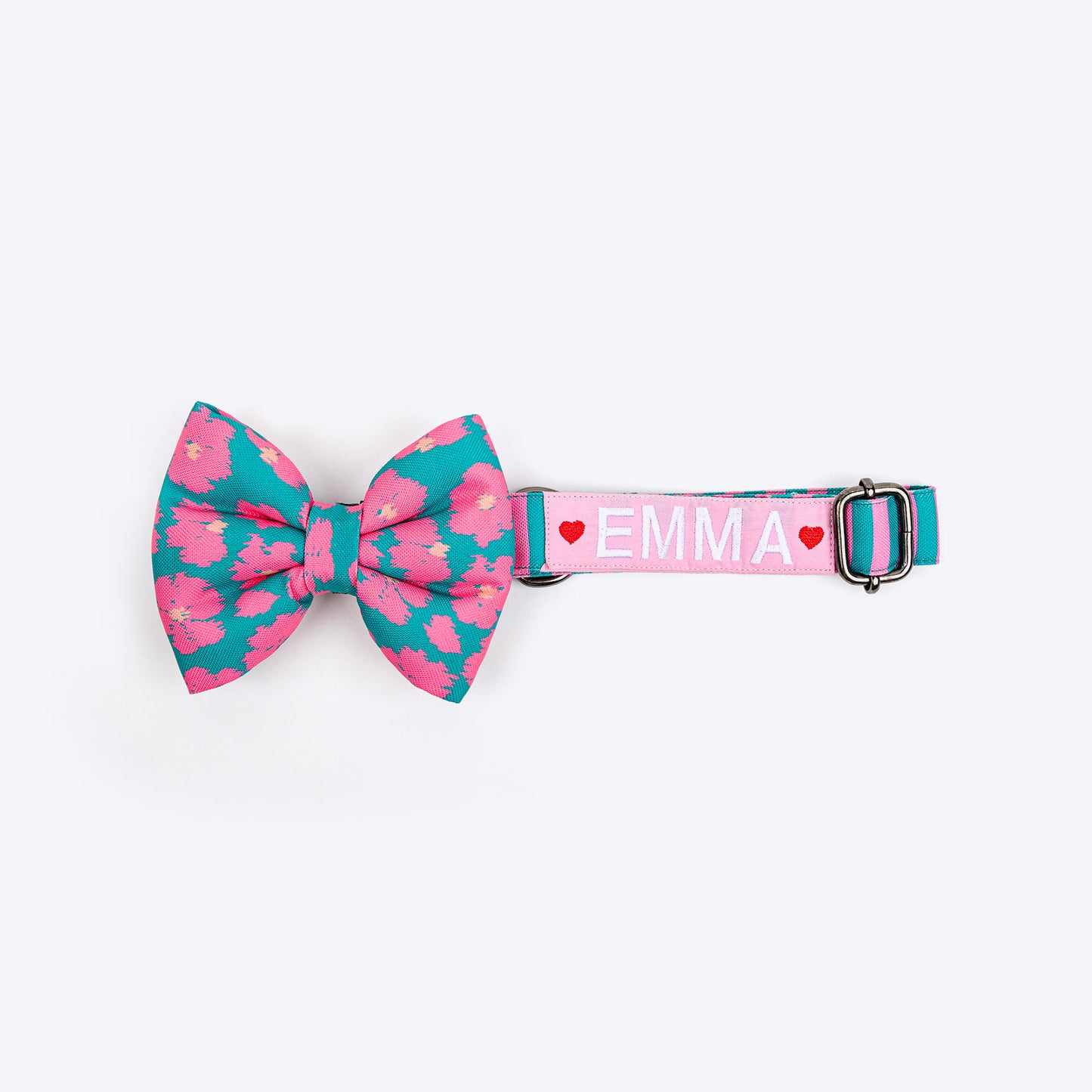 HUFT Personalised Pawsome Blossom Collar With Bow Tie For Dogs - Green & Pink - Heads Up For Tails