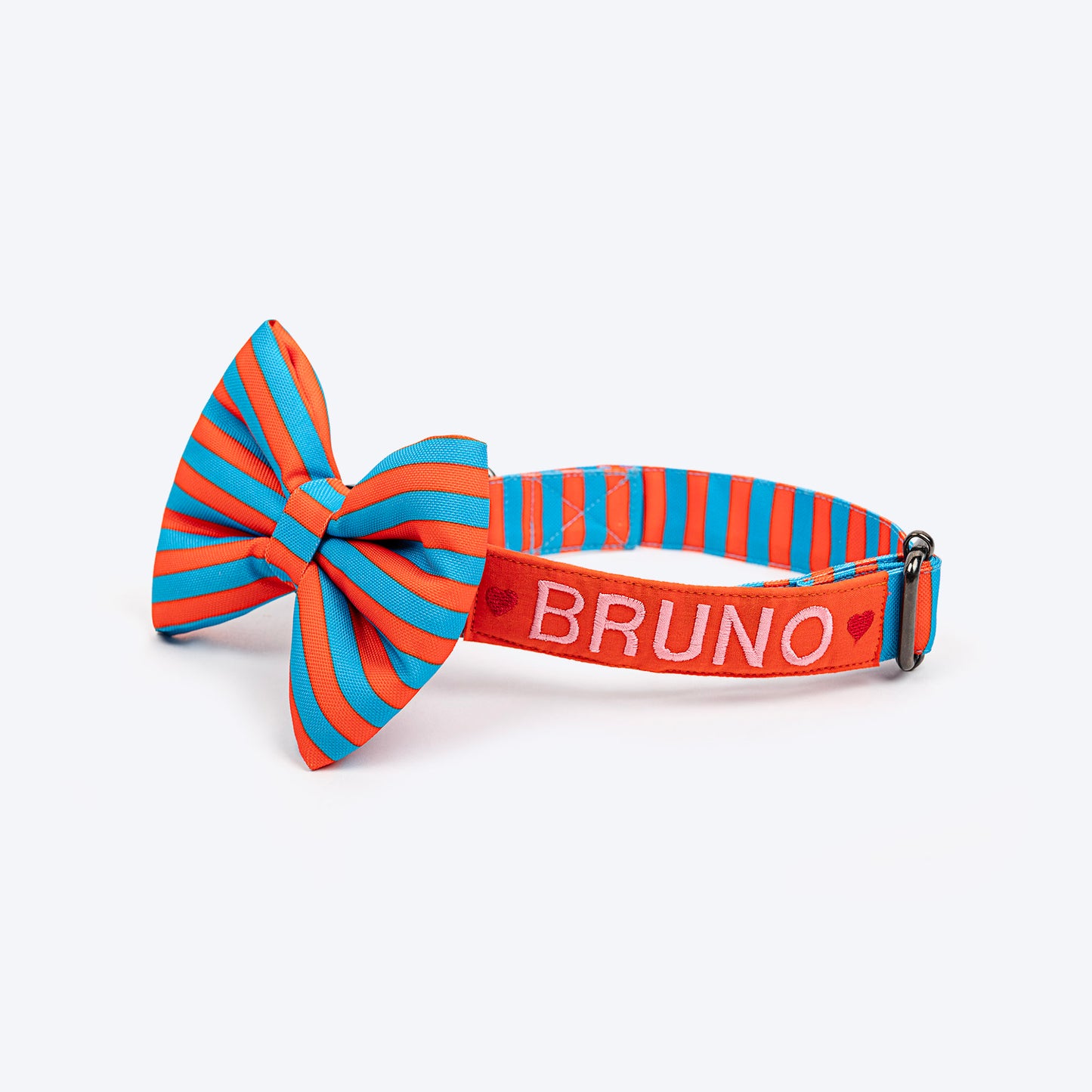 HUFT Personalised Happy Stripes Collar With Bow Tie For Dog - Blue & Orange - Heads Up For Tails