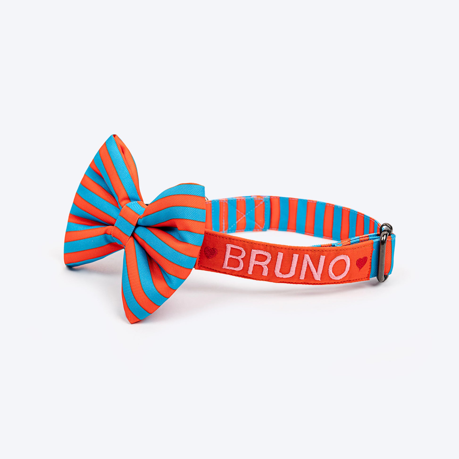 HUFT Personalised Happy Stripes Collar With Bow Tie For Dog - Blue & Orange - Heads Up For Tails