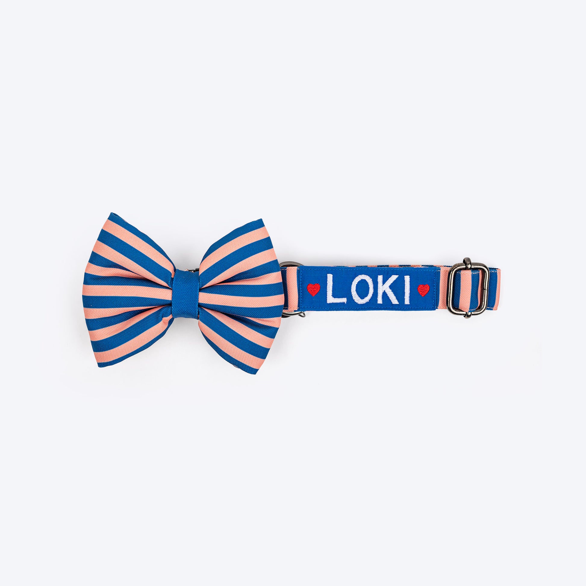HUFT Personalised Happy Stripes Collar With Bow Tie For Dog - Navy & Peach - Heads Up For Tails