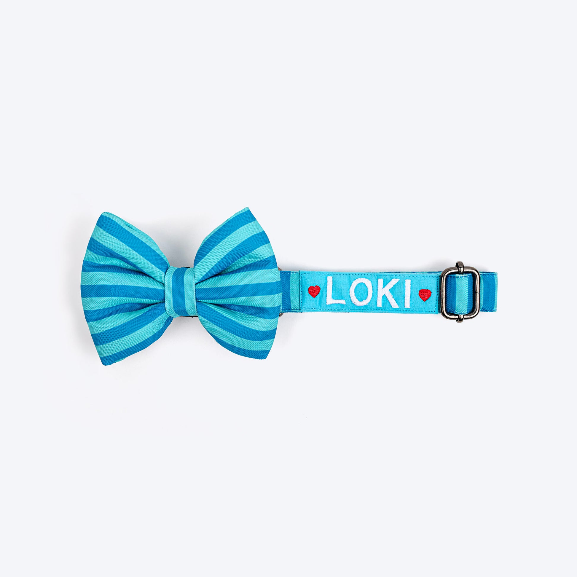 HUFT Personalised Happy Stripes Collar With Bow Tie For Dog - Blue & Turquoise - Heads Up For Tails