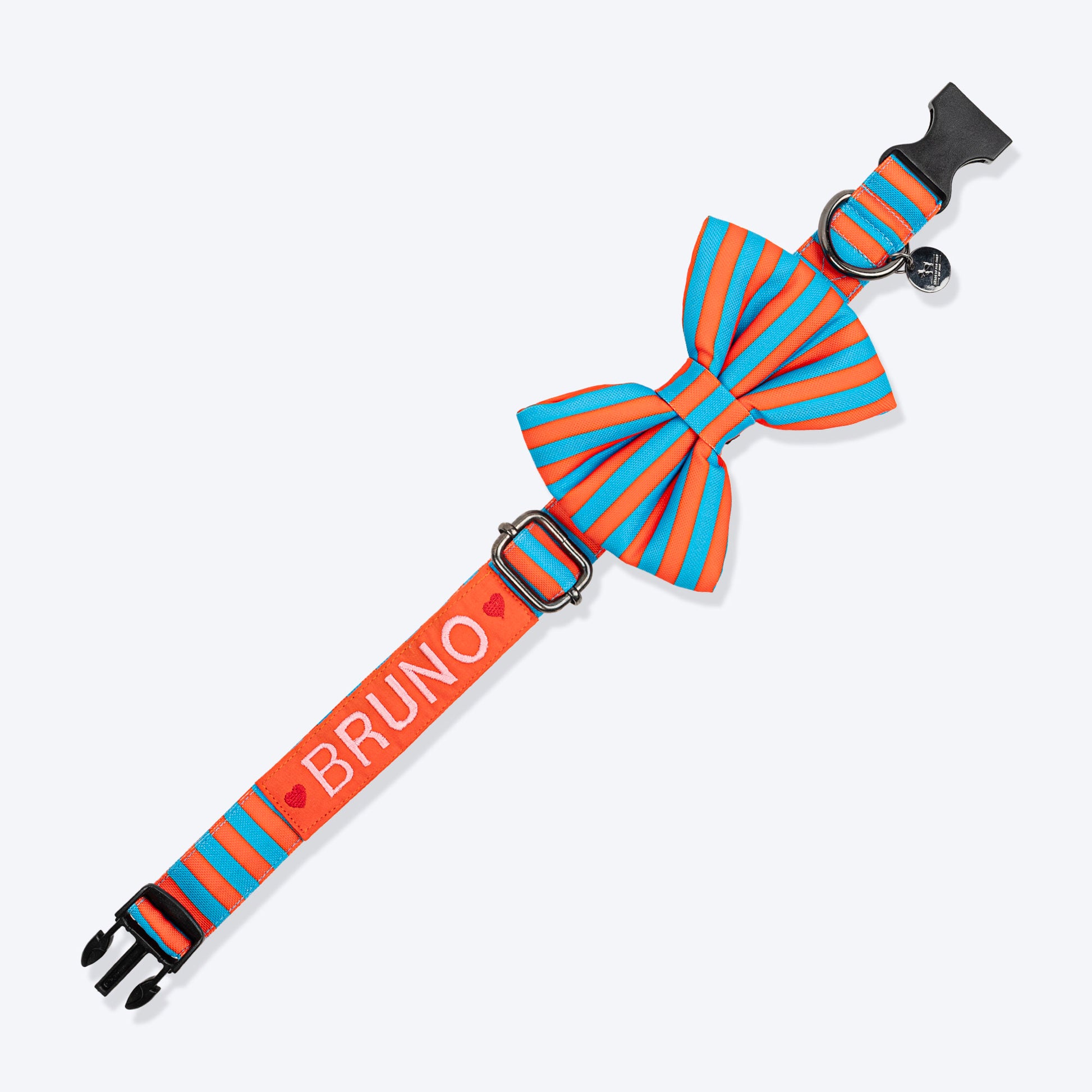 HUFT Personalised Happy Stripes Collar With Bow Tie For Dog - Blue & Orange - Heads Up For Tails