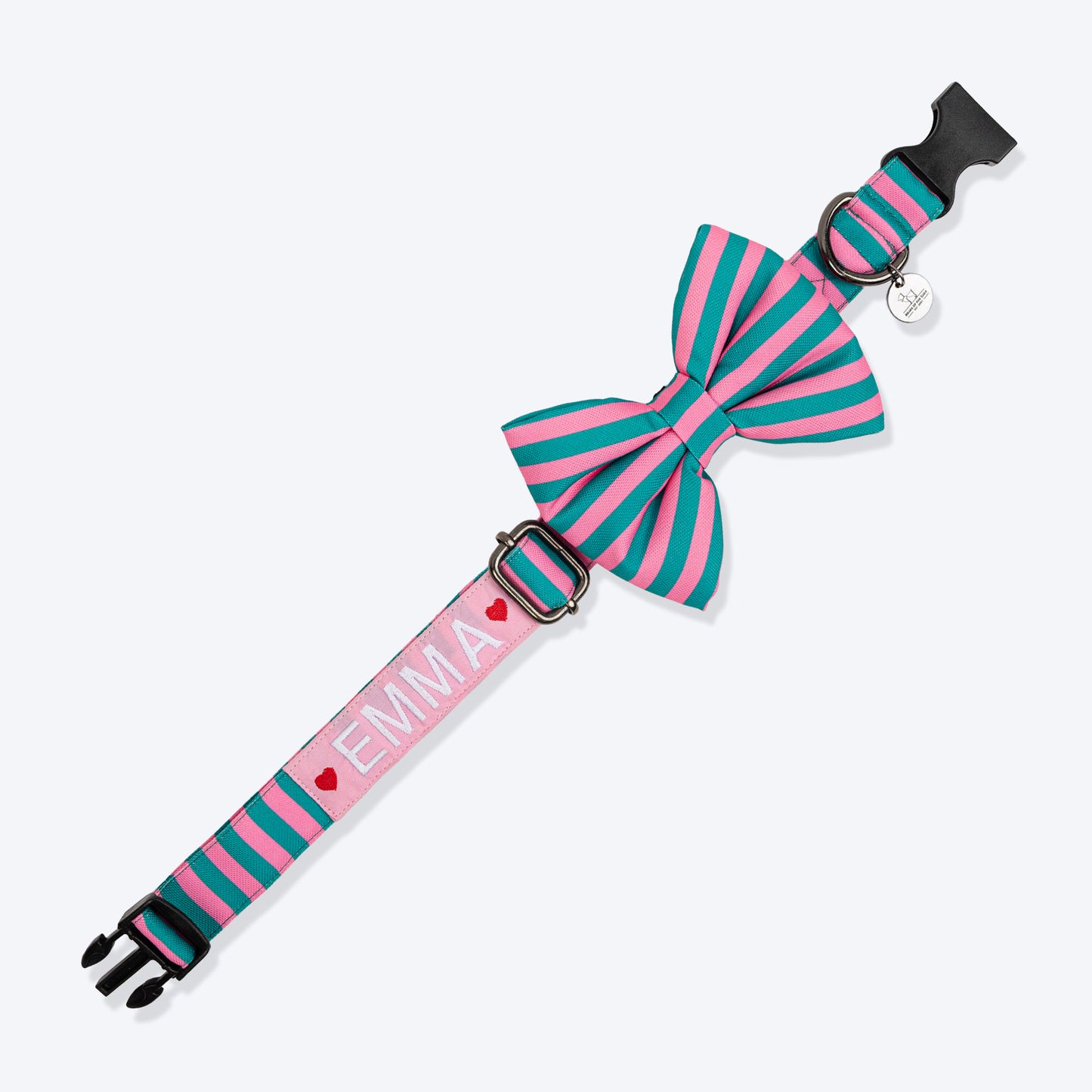 HUFT Personalised Happy Stripes Collar With Bow Tie For Dog - Green & Pink - Heads Up For Tails
