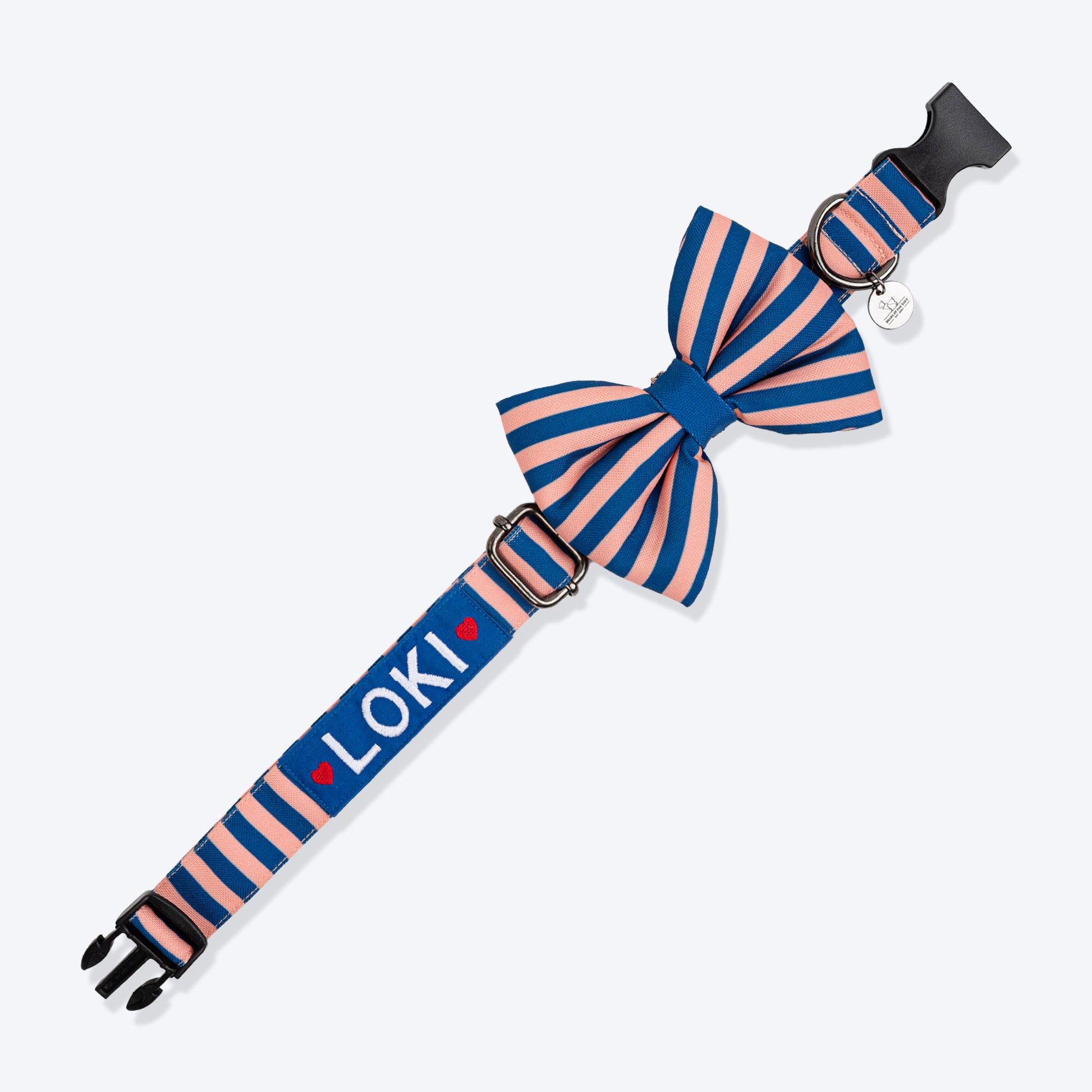 HUFT Personalised Happy Stripes Collar With Bow Tie For Dog - Navy & Peach - Heads Up For Tails