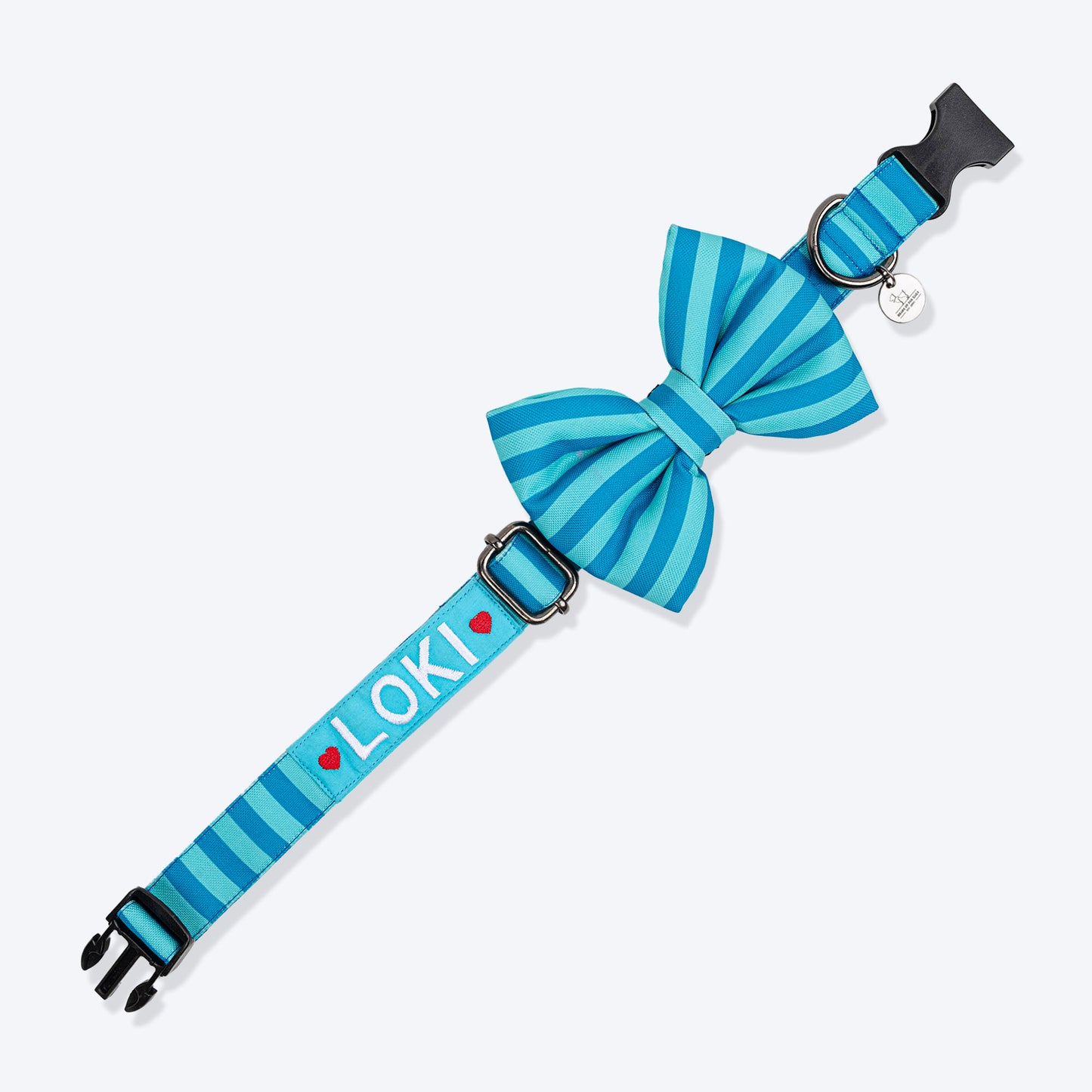 HUFT Personalised Happy Stripes Collar With Bow Tie For Dog - Blue & Turquoise - Heads Up For Tails