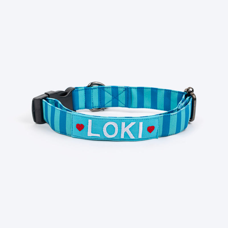 HUFT Personalised Happy Stripes Collar With Bow Tie For Dog - Blue & Turquoise - Heads Up For Tails