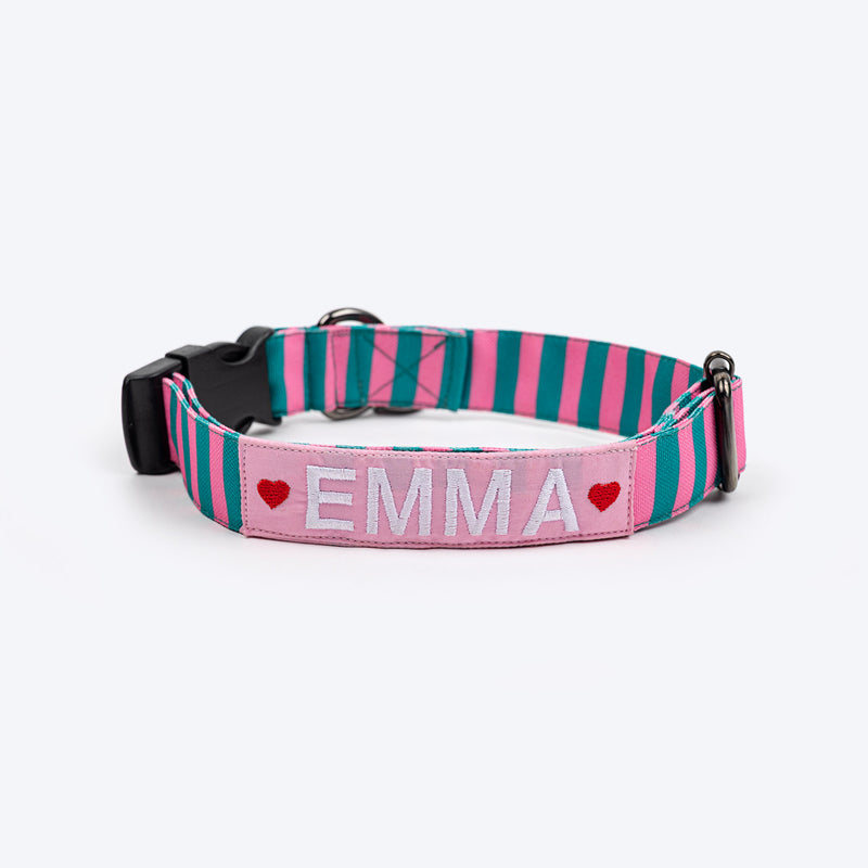 HUFT Personalised Pawsome Blossom Collar With Bow Tie For Dogs - Green & Pink - Heads Up For Tails