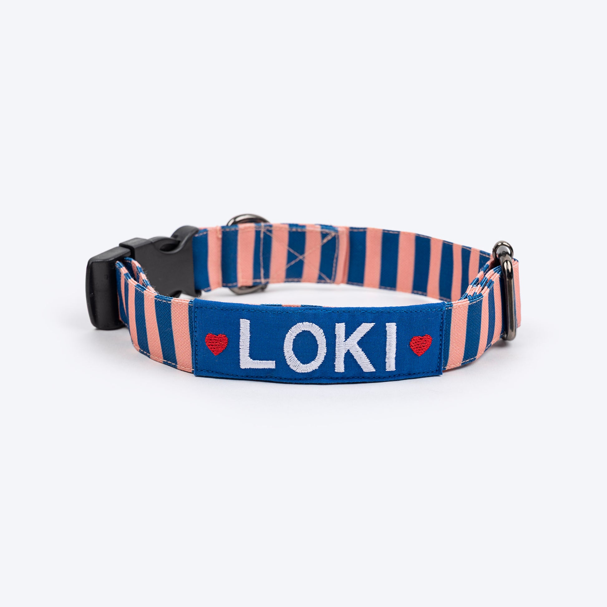 HUFT Personalised Happy Stripes Collar With Bow Tie For Dog - Navy & Peach - Heads Up For Tails