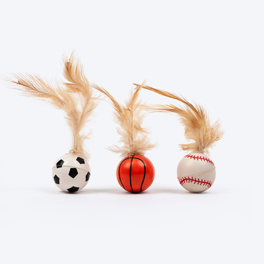 HUFT Sporty Trio Feather Balls For Cat - Multicolour - Set Of 3 - Heads Up For Tails